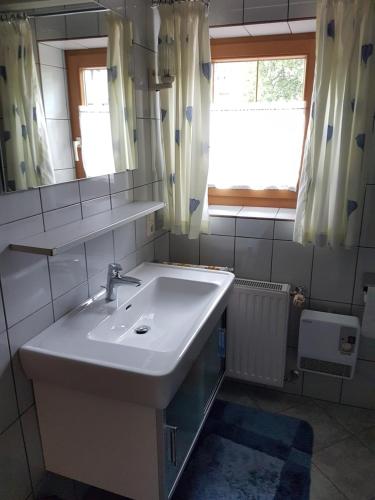 皮森多夫德伊廷格尔旅馆的一间带水槽和镜子的浴室以及窗户。