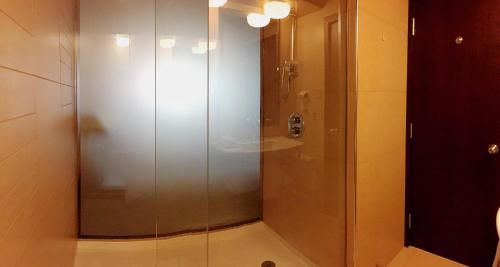 七岛市Hôtel Mingan的浴室里设有玻璃门淋浴
