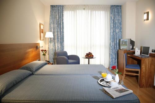 米耶雷斯米耶雷斯德尔卡米诺酒店 的酒店客房配有一张床、一张书桌和一台电视。