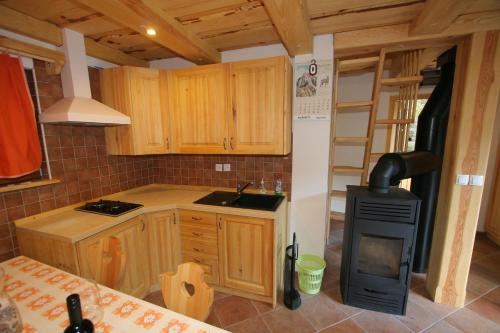 布莱德Fikfak cottage的厨房配有木制橱柜和炉灶。