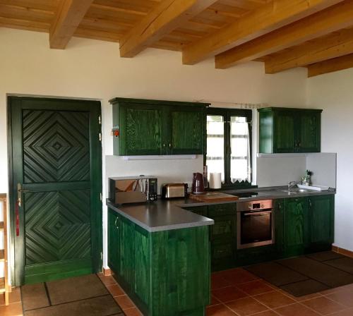 SomlóvásárhelySomlo Wineshop Guesthouse的厨房设有绿色橱柜和绿门。