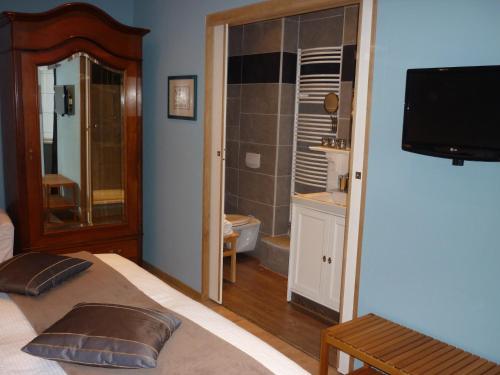 亚贝克泰尔布鲁日住宿加早餐旅馆的一间卧室配有一张床,浴室配有电视。