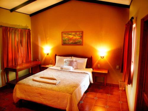 Santa CruzEl Encanto Garden Hotel的一间卧室配有一张带两个灯的床铺