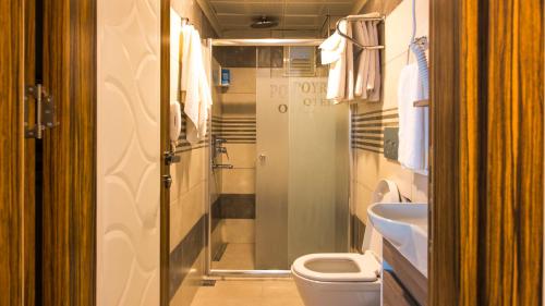 阿克恰科贾Akcakoca Poyraz Otel的一间带卫生间和水槽的小浴室