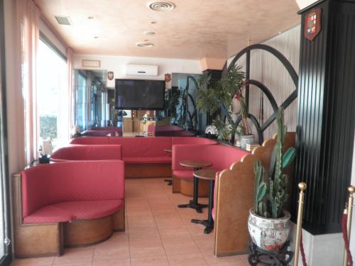 索托马里纳旅游酒店的一间设有红色椅子和平面电视的等候室