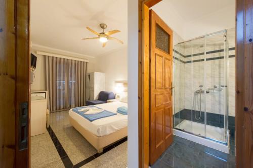 帕尔加Pansion Nikos Vergos的酒店客房配有一张床和淋浴