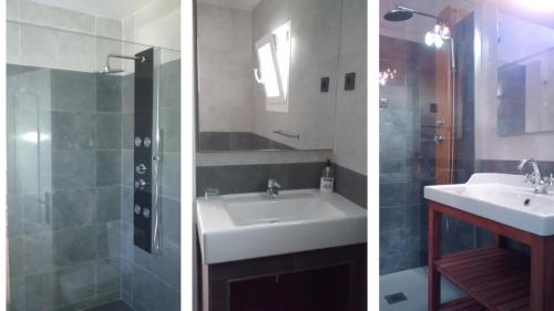 圣路易斯·德·萨比尼尔Casita Andaluza的浴室的两张照片,配有水槽和淋浴