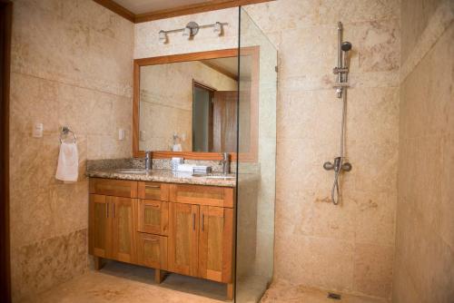苏莎亚Hispaniola Luxury Ocean Front Condo的浴室配有盥洗盆和带镜子的淋浴