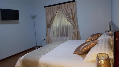 哈博罗内White City Inn的一间卧室配有带金色枕头的床和窗户