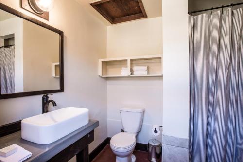 Pioneertown先锋镇汽车旅馆的一间带水槽、卫生间和镜子的浴室