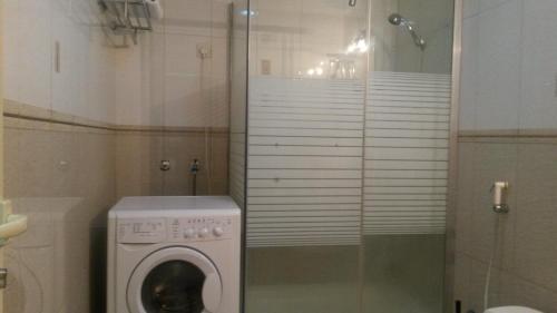 阿可贺巴Mani VIP Suites的带淋浴的浴室内的洗衣机