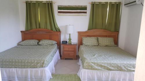 布里奇敦Worthing Beach Apartments的卧室内的两张床,配有绿色窗帘