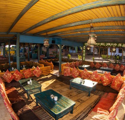 达哈布沙姆斯潜水中心旅舍的一个带沙发和桌子的户外休息区