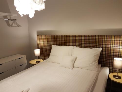 波兹南CCH大象公寓 的卧室配有带两盏灯的白色床
