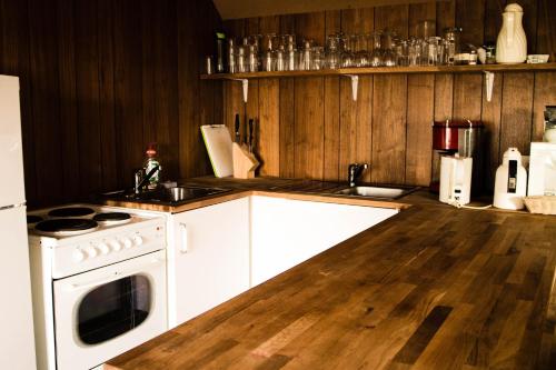 GerdiReynivellir II的铺有木地板,设有带白色炉灶的厨房。
