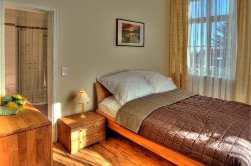 巴伦施泰特雅各布公寓的一间卧室配有一张床、一张书桌和一个窗户。