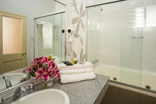 塔里哈维多利亚广场酒店的浴室配有盥洗盆、卫生间和浴缸。