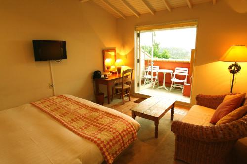 伊东伊豆高原考特拉哥酒店的一间卧室配有一张床,客厅设有阳台