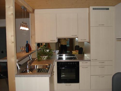 DärligenHaus am See II的厨房配有白色橱柜、水槽和炉灶。