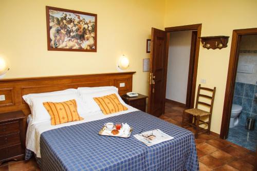 佛罗伦萨尼泽酒店的一间卧室配有一张带蓝白色 ⁇ 面毯的床