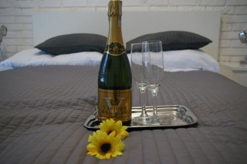 绿山城Apartamenty Viniarnia的床上有一瓶葡萄酒和两杯酒