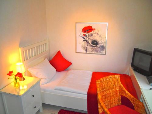 巴特埃姆斯冬博格酒店的一间带床和电视的小卧室