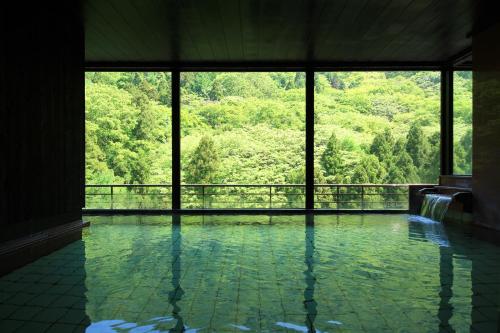 会津若松Kutsurogijuku Chiyotaki的享有瀑布景致的游泳池