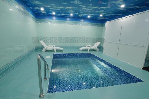 Birobidzhan酒店中央（沃斯托克）的一个带两把椅子的房间的游泳池