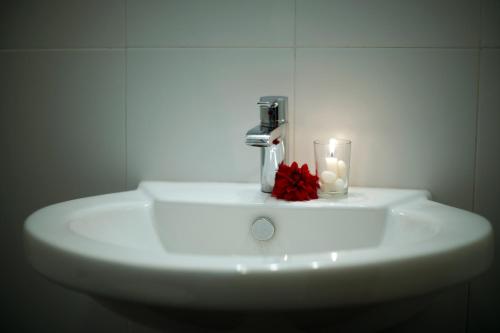 康提Kandy Moon Hills Hotel的浴室水槽上放着蜡烛和红花