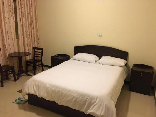 亚的斯亚贝巴愉悦住宿加早餐旅馆的一间卧室配有一张带两个枕头和一张桌子的床。