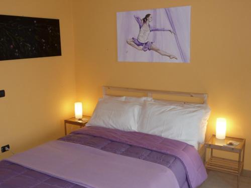 Casaleggio NovaraAmetista的一间卧室配有一张带两盏灯和一幅画的床铺