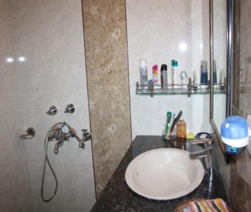新德里39号酒庄住宿加早餐旅馆的一间带水槽和淋浴的浴室