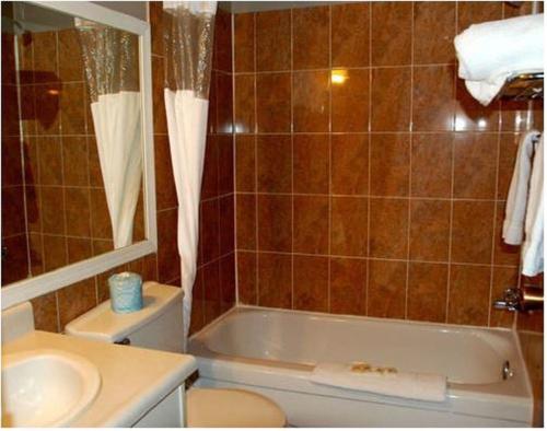 劳埃德明斯特Best Lodge Motel的带浴缸、卫生间和盥洗盆的浴室