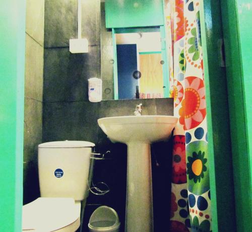 瓦尔帕莱索La Casa Azul Hostel的一间带水槽、卫生间和镜子的浴室
