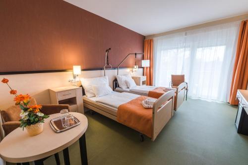 哈卡尼Harkányi Psoriasis Centrum的酒店客房配有一张床铺和一张桌子。