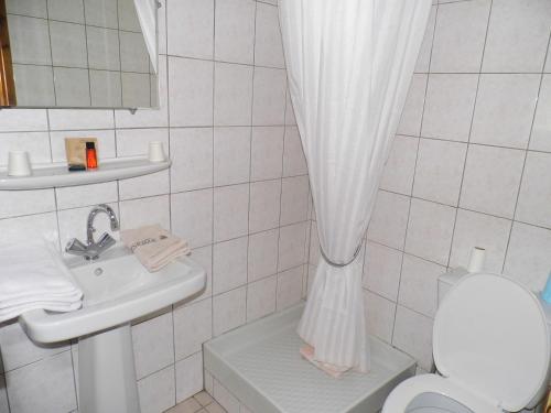 皮埃尔菲特－内斯塔拉游客酒店的白色的浴室设有淋浴帘和卫生间。