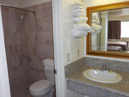 贝克斯菲尔德最佳经济套房汽车旅馆的一间带水槽、卫生间和镜子的浴室