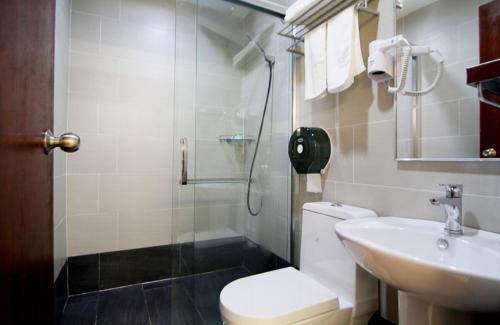 米里金斯利酒店的浴室配有卫生间、盥洗盆和淋浴。