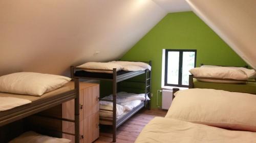 博维茨Hostel Bovec的阁楼间设有三张双层床和绿色墙壁