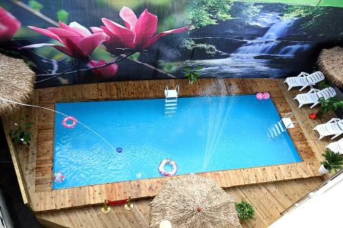 春川江村美丽度假屋的享有游泳池的顶部景致,游泳池内种有粉红色的花卉