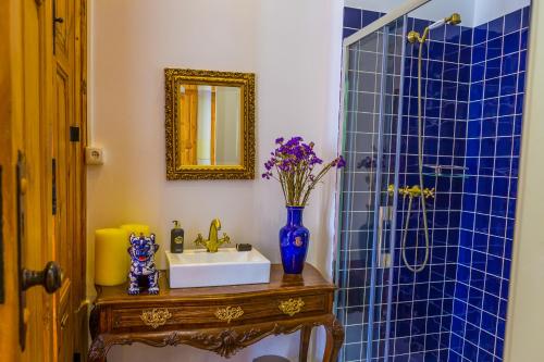 波尔图Porto Alegria Garden的浴室配有水槽和蓝色瓷砖淋浴。
