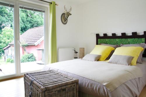 MontenoisChambres d'hôtes Souffle Nature的一间卧室设有一张大床和一个大窗户