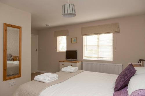 比迪福德The Linhay Eastleigh的一间卧室配有两张床、镜子和电视