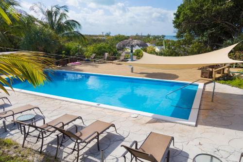 Green Turtle Cay绿海龟俱乐部滨海度假酒店的游泳池旁设有椅子和遮阳伞