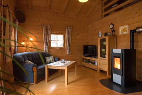 菲利普斯罗伊特Pfenniggeiger-Hütte的小木屋内的客厅配有沙发和壁炉