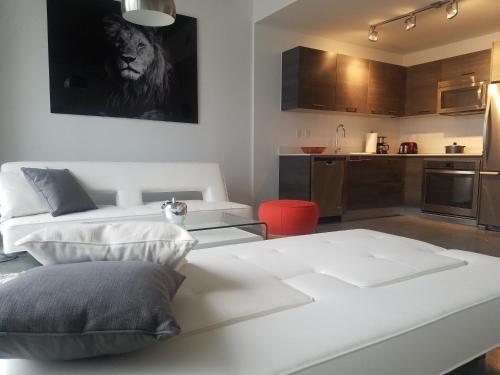 迈阿密Downtown Miami Deluxe Apartment的一间带两张床的客厅和一间厨房
