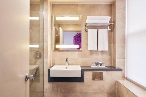 埃克塞特埃克塞特鲁日蒙美居酒店的浴室配有盥洗盆、镜子和毛巾