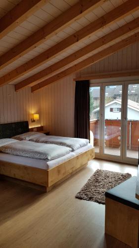因特拉肯亚尼度假公寓酒店的一间卧室设有一张大床和一个大窗户