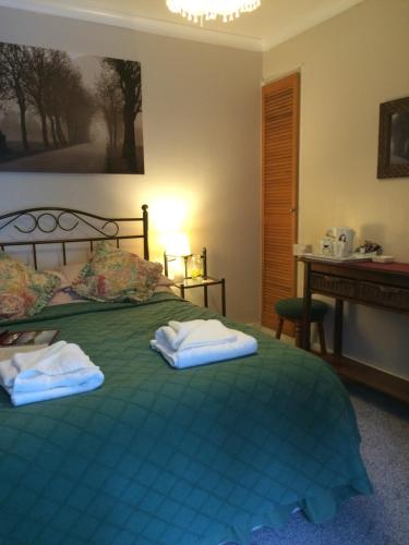 巴拉The Bryntirion Inn的一间卧室配有绿床和毛巾