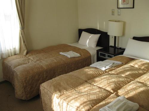水户水户滨江酒店的酒店客房,设有两张床和一盏灯